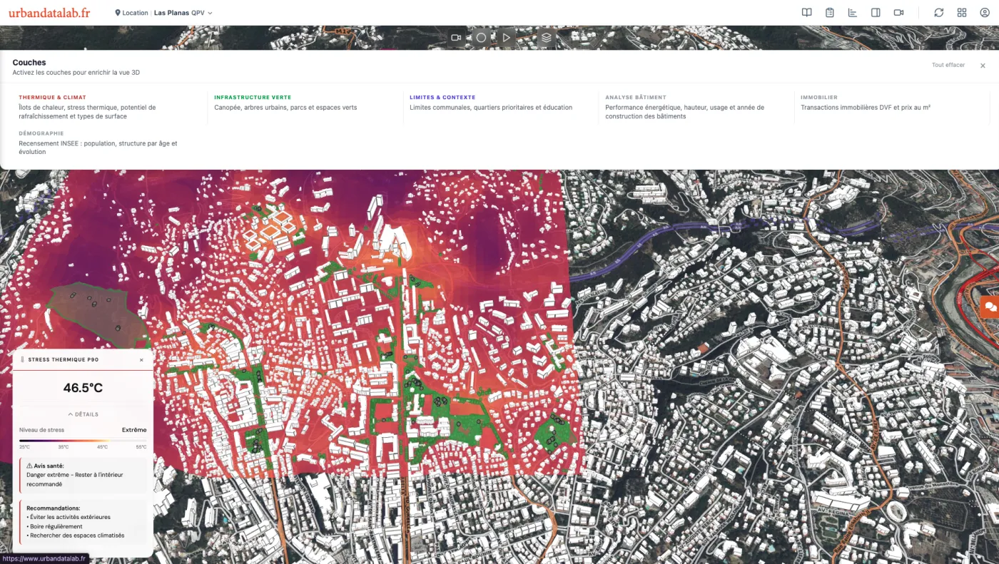 Concertation 3D — vue partagée satellite et thermique du quartier